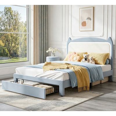 Cat-Shaped Headboard Full Size Kids Platform Bed Frame – Soft Upholstery, GRB LED Lights, Storage Drawer, Sturdy Wooden Slats, Easy Assembly, No Box Spring Needed, Noise-Free –  blue + white