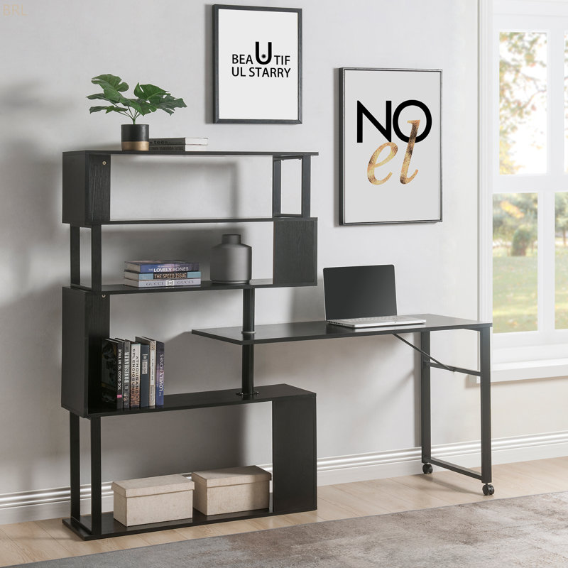Table de coin en L pour bureau à domicile, table d'ordinateur rotative avec bibliothèque à 5 niveaux, quatre méthodes d'installation, roulettes verrouillables