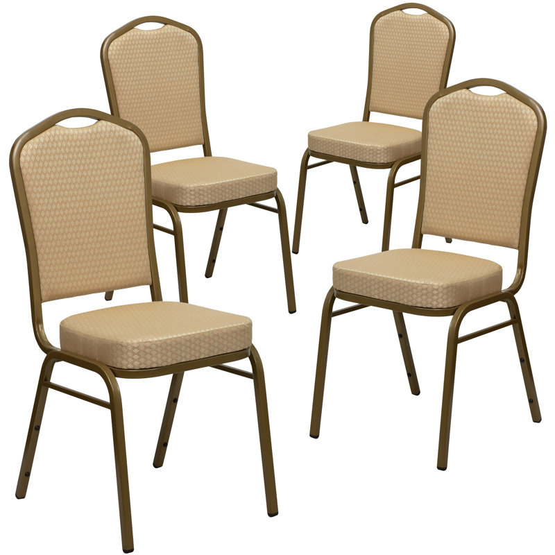 Chaise de banquet empilable Oliverson, Encadrement doré, Tissu beige à motifs, 4