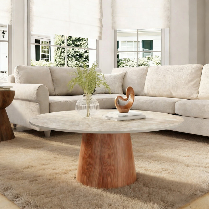 Modern Round Wooden Pedestal Coffee Table With Matte Natural Stone Tabletop, 17.44"H x 41.73"L x 41.73"W