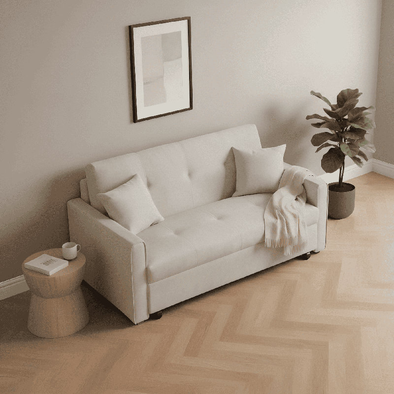 Nyrell 2 Seater Extra Wide Fabric Sofa Bed, Beige Linen