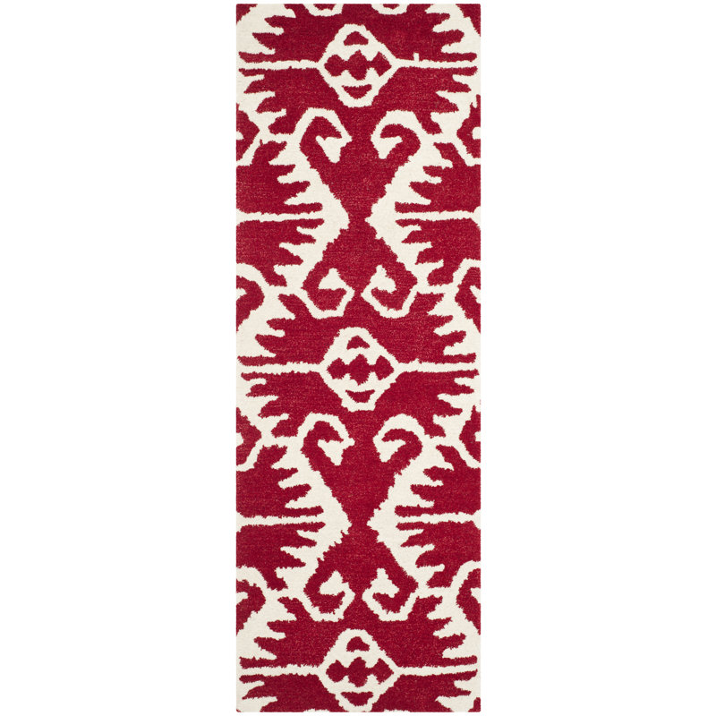Tapis rouge / blanc en laine touffeté à la main Kouerga, Tapis de couloir 2 pi 3 po x 9 pi