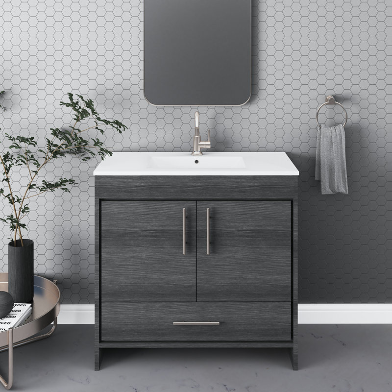 Sallisaw 36.13'' Single Bathroom Vanity with Ceramic Top, Black Ash