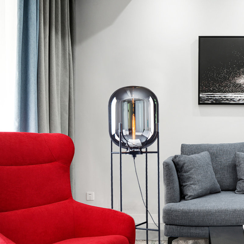 1-Light Matte Black Floor Lamp With A Smoke Glass Shade