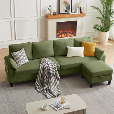 101'' Corduroy Upholstered Sectional Sofa With Storage Ottoman