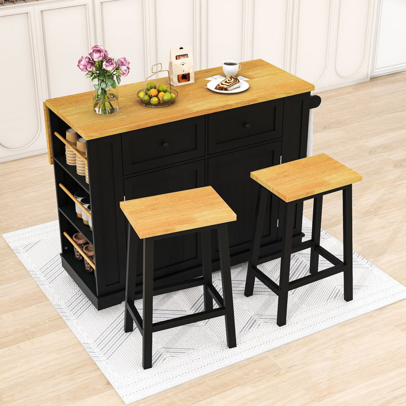 Îlot de cuisine avec 2 tabourets de bar, prise de courant, support de rangement et 2 tiroirs, Noir