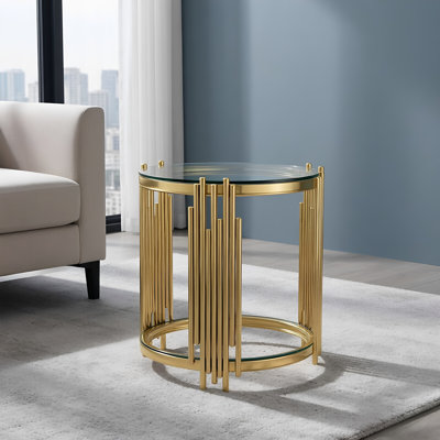19.7" Round 2-Tier Glass End Table – Modern Luxury Side Table with Stainless Steel Frame & Clear Tempered Glass, Gold Finish, for Living Room, Home Office