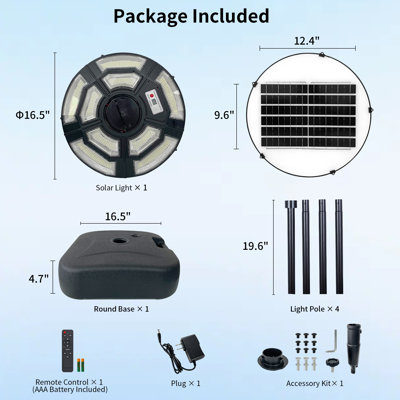 Lampe sur pied extérieure de 193 cm (76 pouces) avec mât en acier et base lestable, 750 DEL, alimentation solaire et recharge CC, étanchéité IP65