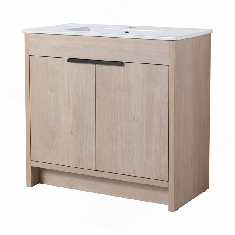 Meuble-lavabo autoportant de 36 pouces avec lavabo en céramique blanche et 2 portes d'armoire à fermeture en douceur