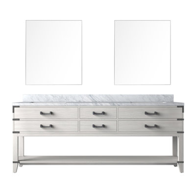 White Oak Double Bath Vanity 84 In. W X 22 In. D, Carrara Marble Top, And 36 In. Mirrors