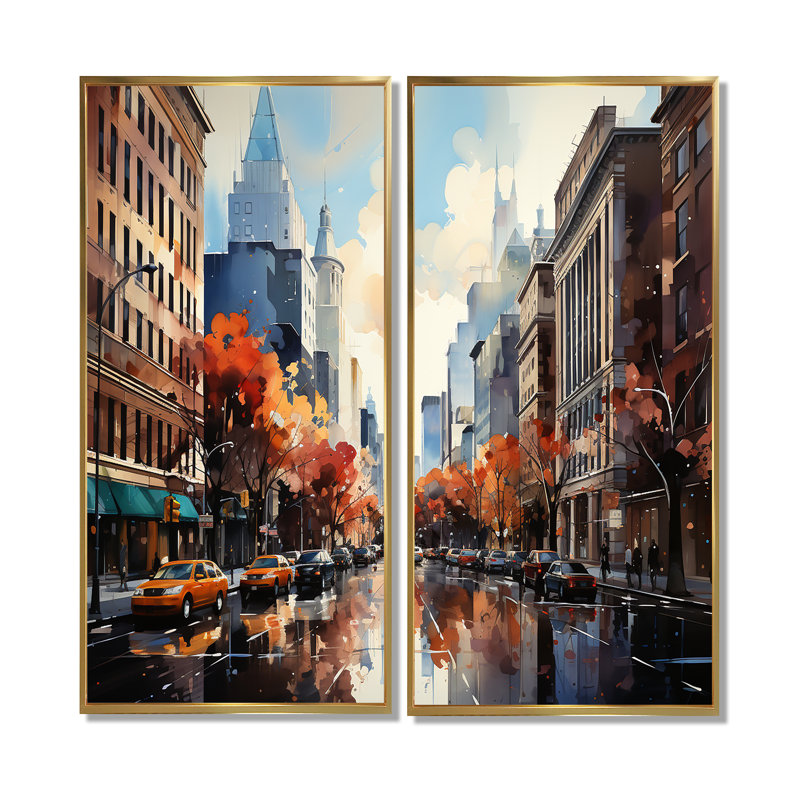 «Autumn New York City Breeze», reproduction d'art sur toile orange, H 40 po x l 40 po, Impression encadrée flottante, Doré