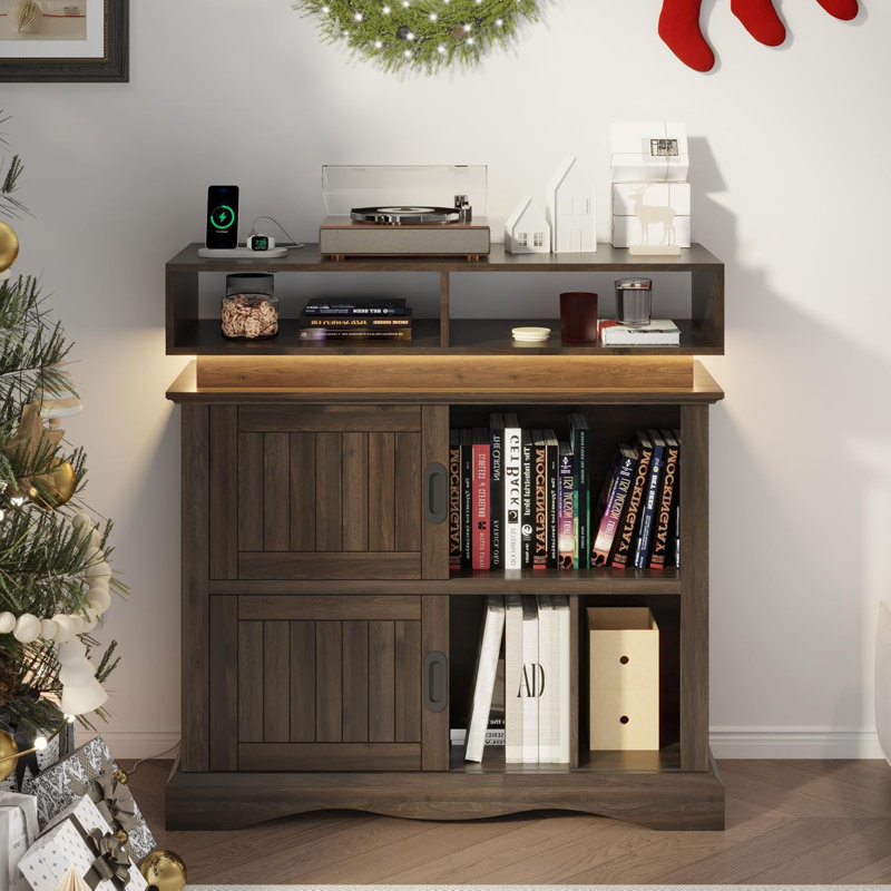 39" Record Storage Cabinet with Sliding Doors & Charging Station, Holds Up to 450 Vinyl Records, Walnut