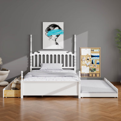 Platform Bed Frame with 2 Big Drawers and Twin XL Trundle, Wood Platform Bed with Spindle Headboard