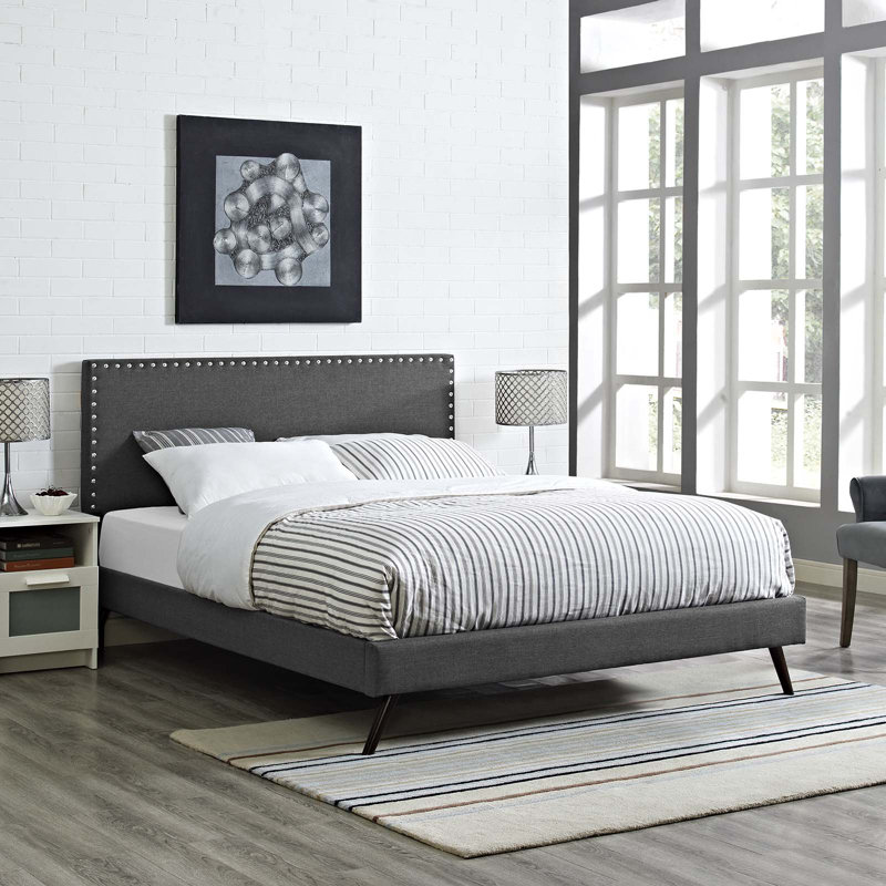 Macie Platform Bed with Round Splayed Legs, Gray, Queen