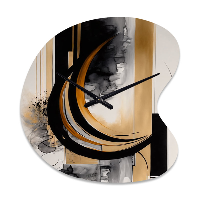Or tactile Art déco II - horloge murale asymétrique abstraite en métal, impression d'horloge en métal de forme unique noire