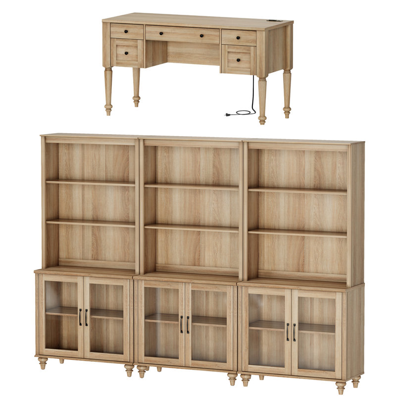 Ensemble de bureau 2 pièces, bureau de direction 56 po et ensemble de 3 bibliothèques avec portes en verre, Chêne