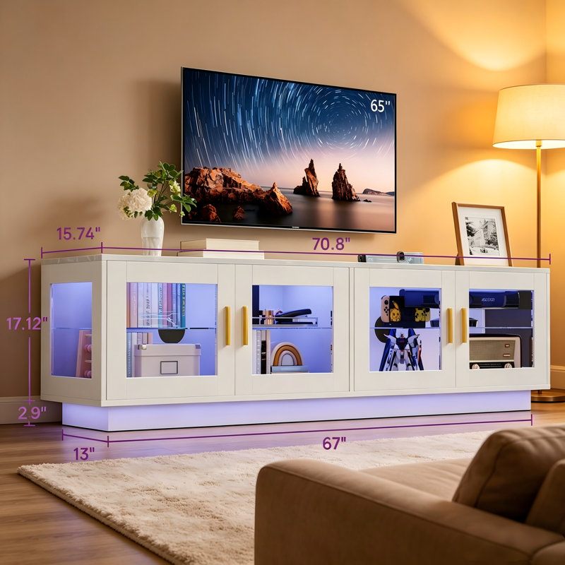 70" TV Stand For TVs Up To 65" With Led Lights, White