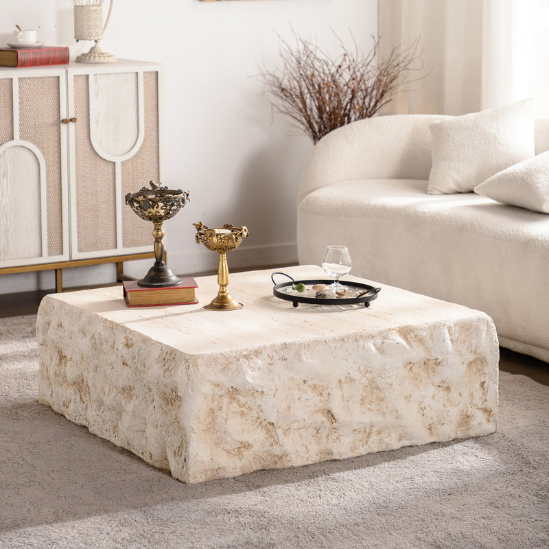Table basse ronde beige prémoderne, aspect pierre vintage, idéale pour le bureau, surface lisse, support inclus, aucun assemblage requis, 91,7 cm de large, 30,4 cm de haut. Style Mid-Century Centre, beige, pour salon.