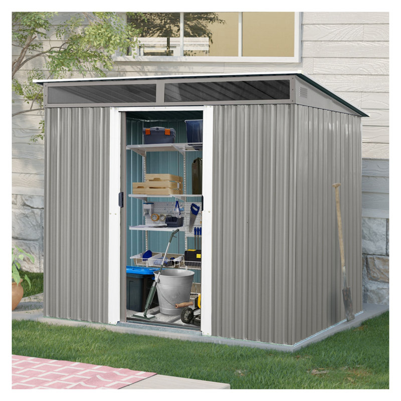 Remise de rangement extérieure en métal 8 pi x 6 pi avec portes coulissantes verrouillables, gris