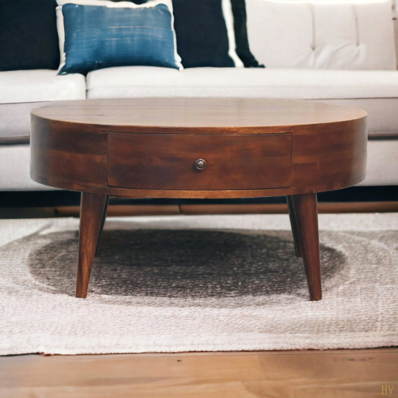 Table basse Odyssey en bois massif, 2 tiroirs, pieds nordiques, Brun