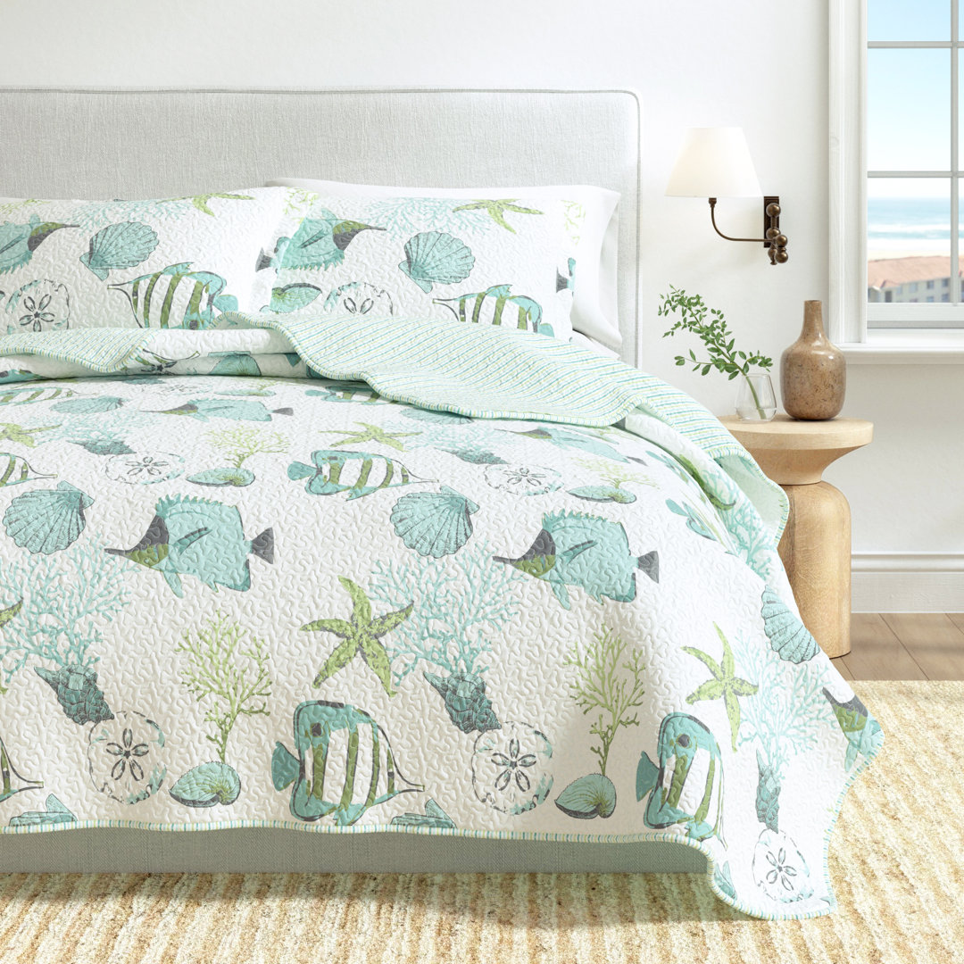 Blue / Green Fish & Seashell Quilt Set with Shams FreshFolds 