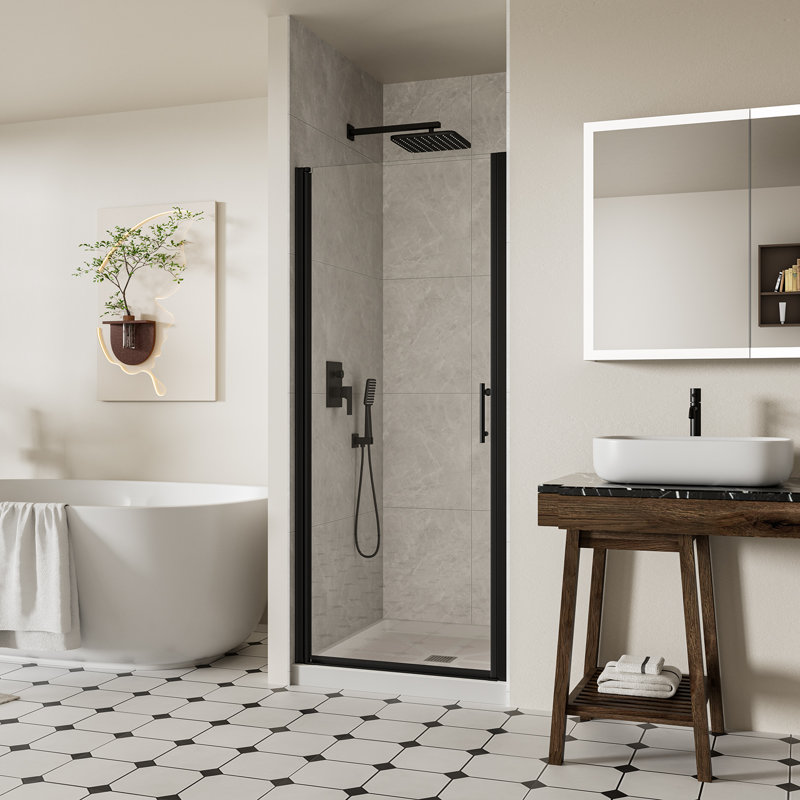 32-33.4" W x 72" H Frameless Shower Door, Pivot Shower Glass Doors with 1/4" (6mm) Clear SGCC Tempered Glass, Matte Black Swing Shower door out of Plumb Adjustability
