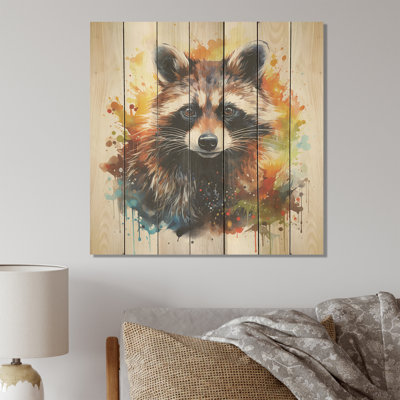 Black And Orange Racoon Curious Explorer - Raccoon Animal On Wood Print