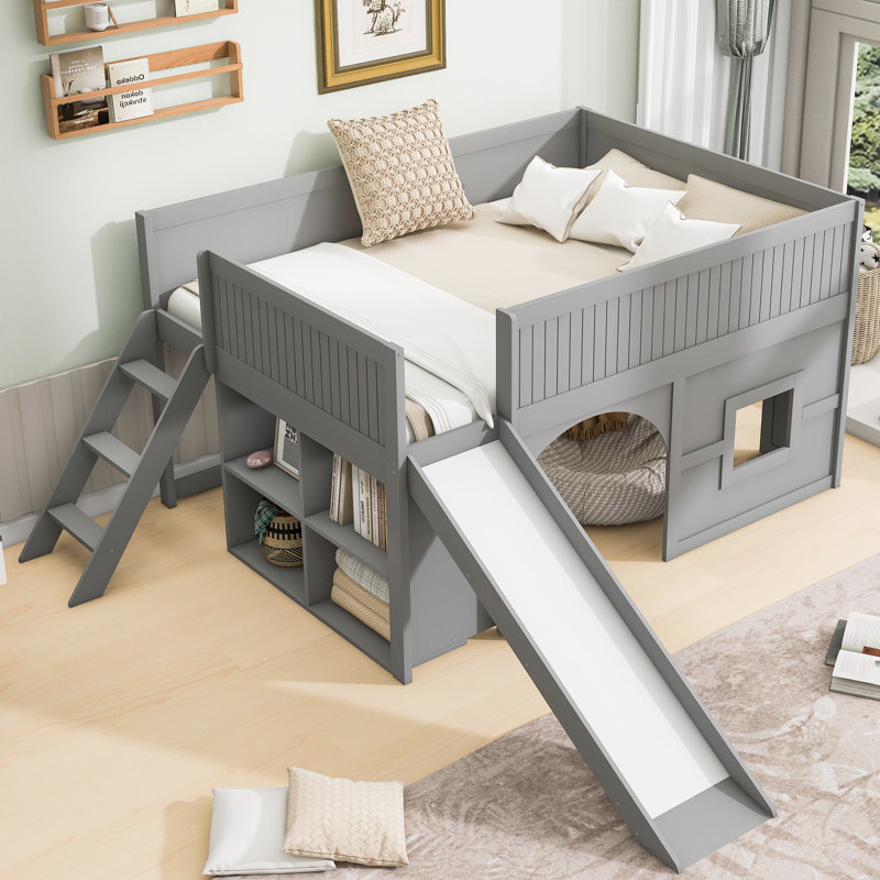 Full Size Wooden Low Loft Bed with Storage Shelves and Slide,Door and Window Design,Gray, Gray