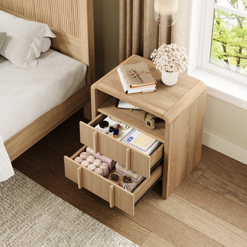 Table de chevet moderne en bois avec tiroir et tablette ouverte, Beige, Ensemble de 2