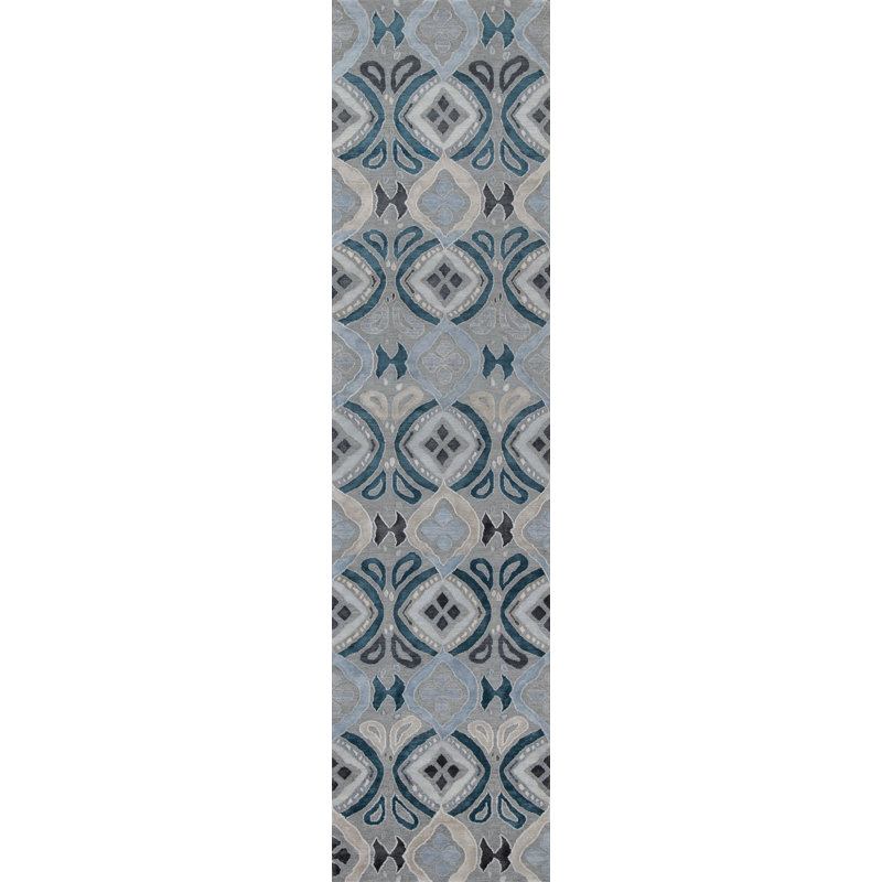 Bali Geometric Area Rug in Platinum/Sky Blue/Teal, Runner 3' x 10'