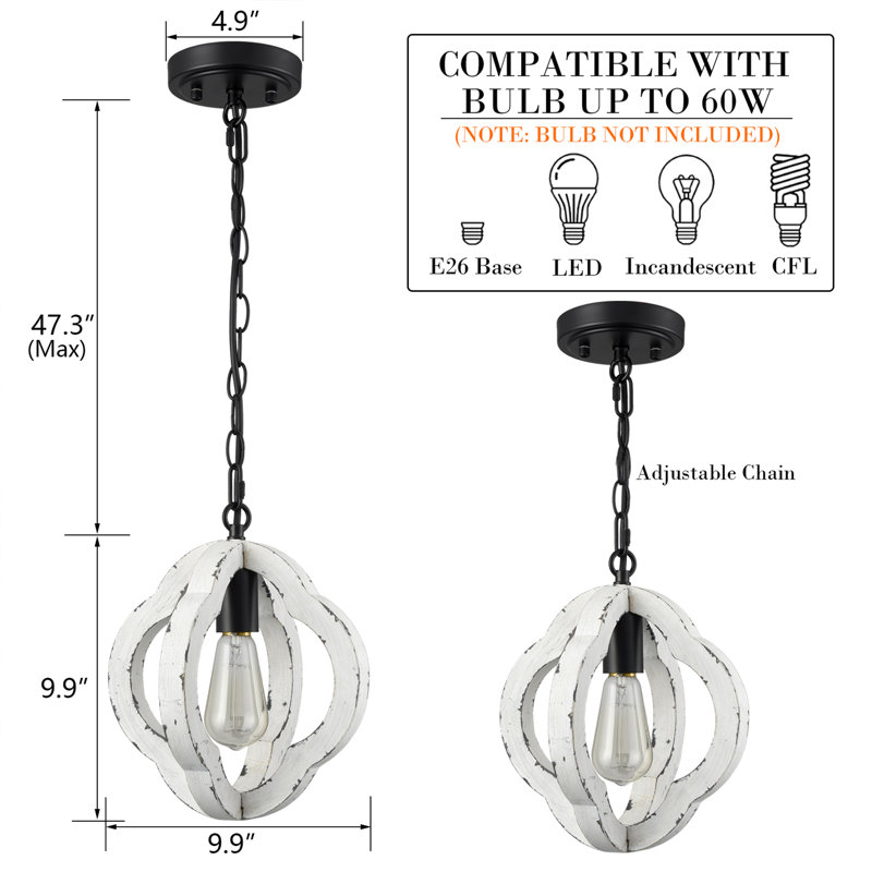 Luminaire suspendu géométrique à 1 lumière pour îlot de cuisine avec accents en fer forgé Carlisa, Blanc vieilli, Noir