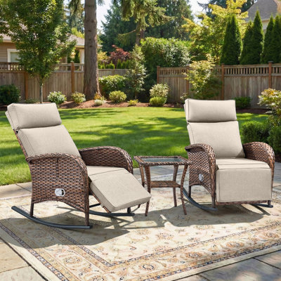 Asenpark 3-Piece Wicker Rattan Outdoor Recliner Rocking Chairs With Cushions And Side Table