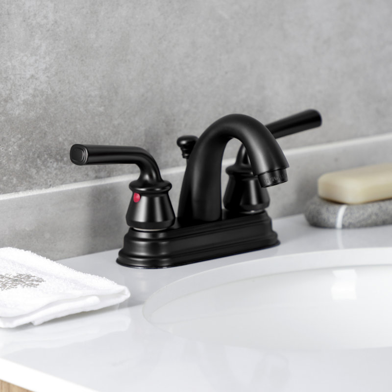 Kingston Brass Restoration Two-Handle 3-Hole Deck Mount 4" Centerset Bathroom Faucet with Plastic Pop-Up, Matte Black