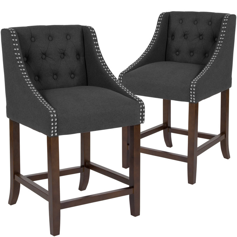 Tabouret de bar transitionnel en noyer capitonné avec garniture cloutée, Gris anthracite