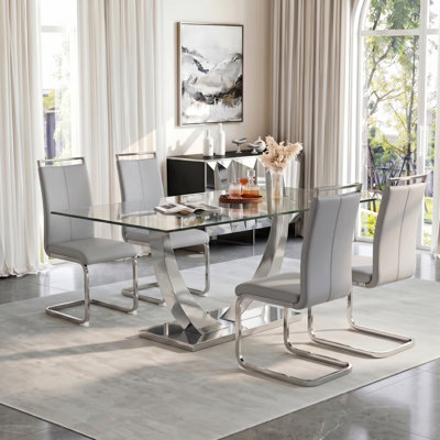 Joniya Modern 63" Rectangular Tempered Glass Dining Set Metal U Base Table with Faux Leather Cantilever Chairs
