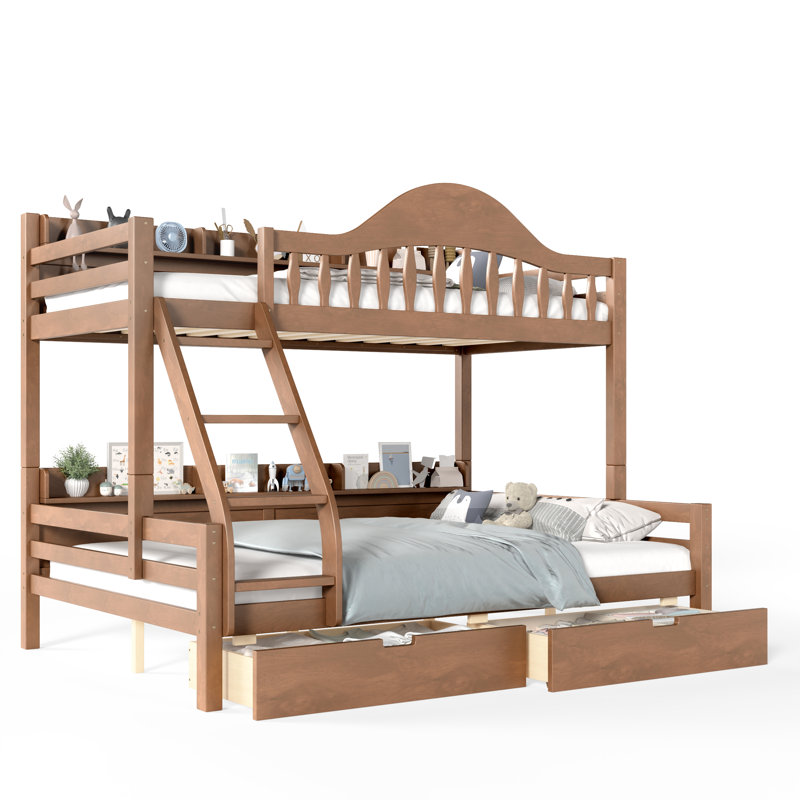 Lit simple superposé au dessus d'un lit double avec tiroirs de rangement, structure en bois massif, garde-corps courbé et tablettes, aucun sommier nécessaire, naturel profond