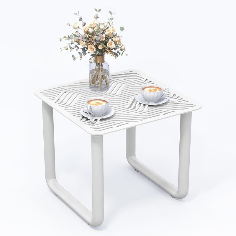 White 18" Square Outdoor Side Table with Slatted Metal Top, Modern Patio Accent Table