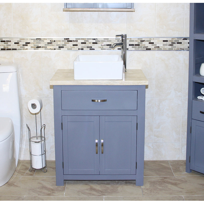 Robeson 750mm Single Bathroom Vanity with Vessel Ceramic Basin, Grey, White Marble
