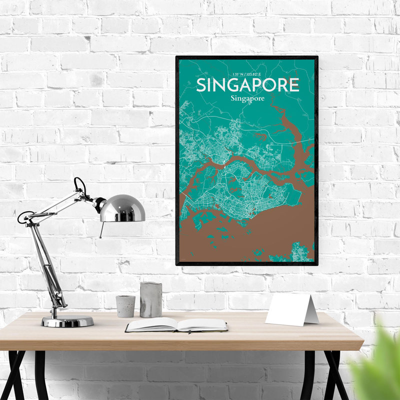 Carte de la ville de Singapour, impression, H 36 po x l 24 po, Vert / Brun