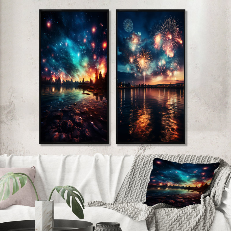 Feu d'artifice vert et rouge au bord du lac II - ensemble de 2 reproductions d'art sur toile, Cadre flottant noir