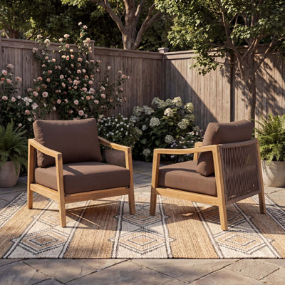 Fauteuil club d'extérieur en bois d'acacia 2PCS avec dossier en corde et coussins hydrofuges pour la terrasse et la cour