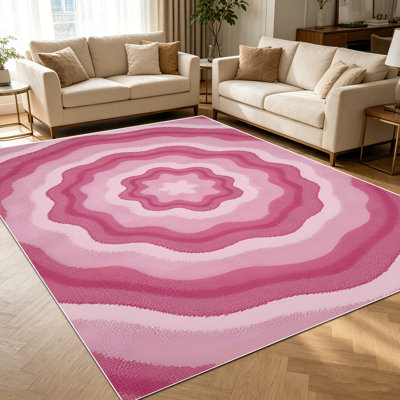 Tapis de mandala à motif floral concentrique ondulé rose de 1 pièce pour le salon, doux et confortable, convenant à toutes les saisons, facile à entretenir, lavable à la machine, tapis de ferme sous la table convenant à la chambre à coucher, à la salle à manger, au vestibule, au patio,