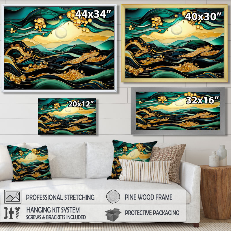 Paysage émeraude mystique aura de l'art chinois I - art mural chinois salon, H 24 po x l 32 po, Noir