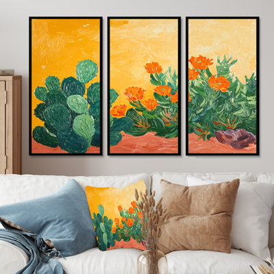 Orange Cactus Bloom In Mojave Desert - Floral Cactus Wall Art Set