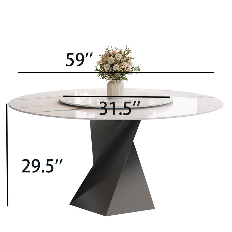 59'' Modern White Sintered Stone Round Dining Table With Lazy Susan