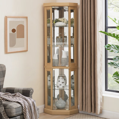 Lighted Corner Curio Cabinet For Displaying Collectibles, Wine, And Bar Glasses With Elegant Design And Adjustable Shelves