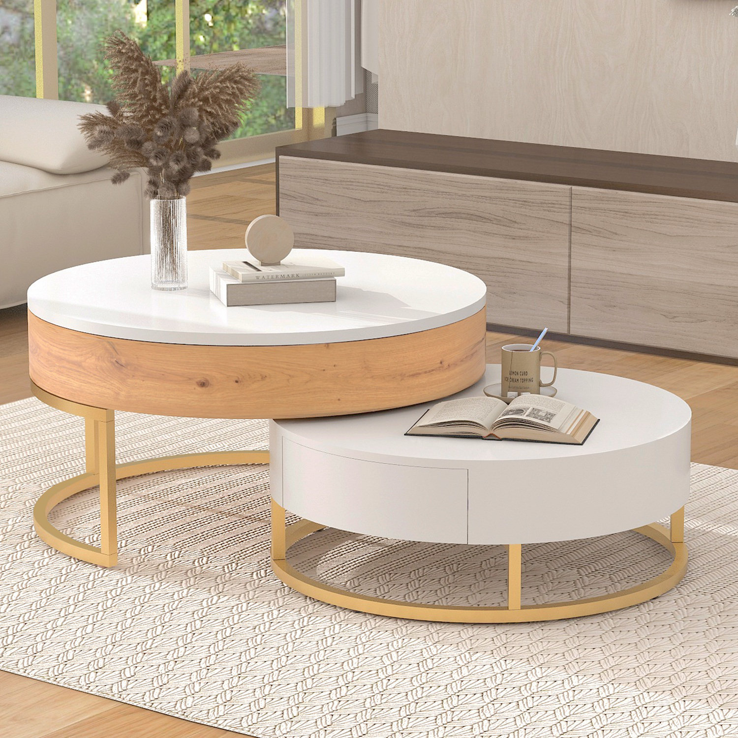 Everly Quinn Modern Round Lift-Top Nesting Coffee Tables With 2 Drawers ...