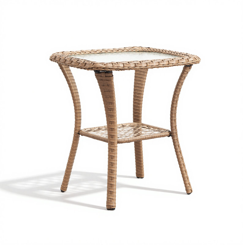 Table d'appoint de patio de 20 pouces, double couche de rangement pour table de bout carrée en osier, tables basses en rotin toutes saisons