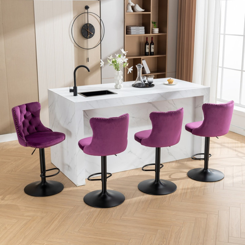 Tabourets de bar pivotants en velours avec siège réglable et dossier capitonné pour la maison et l'îlot de cuisine, Mauve