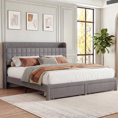 Upholstered Bed with Drawers and Storage bags